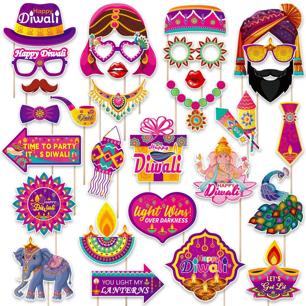 30Pcs/Set Happy Diwali Theme Photo Booth Props Candle Elephant Dress Up Paper Masks for India Diwali Festival Party Decoration - Cozy & Co. Market