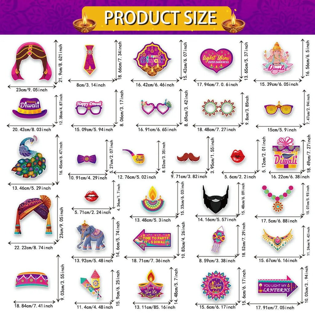 30Pcs/Set Happy Diwali Theme Photo Booth Props Candle Elephant Dress Up Paper Masks for India Diwali Festival Party Decoration - Cozy & Co. Market