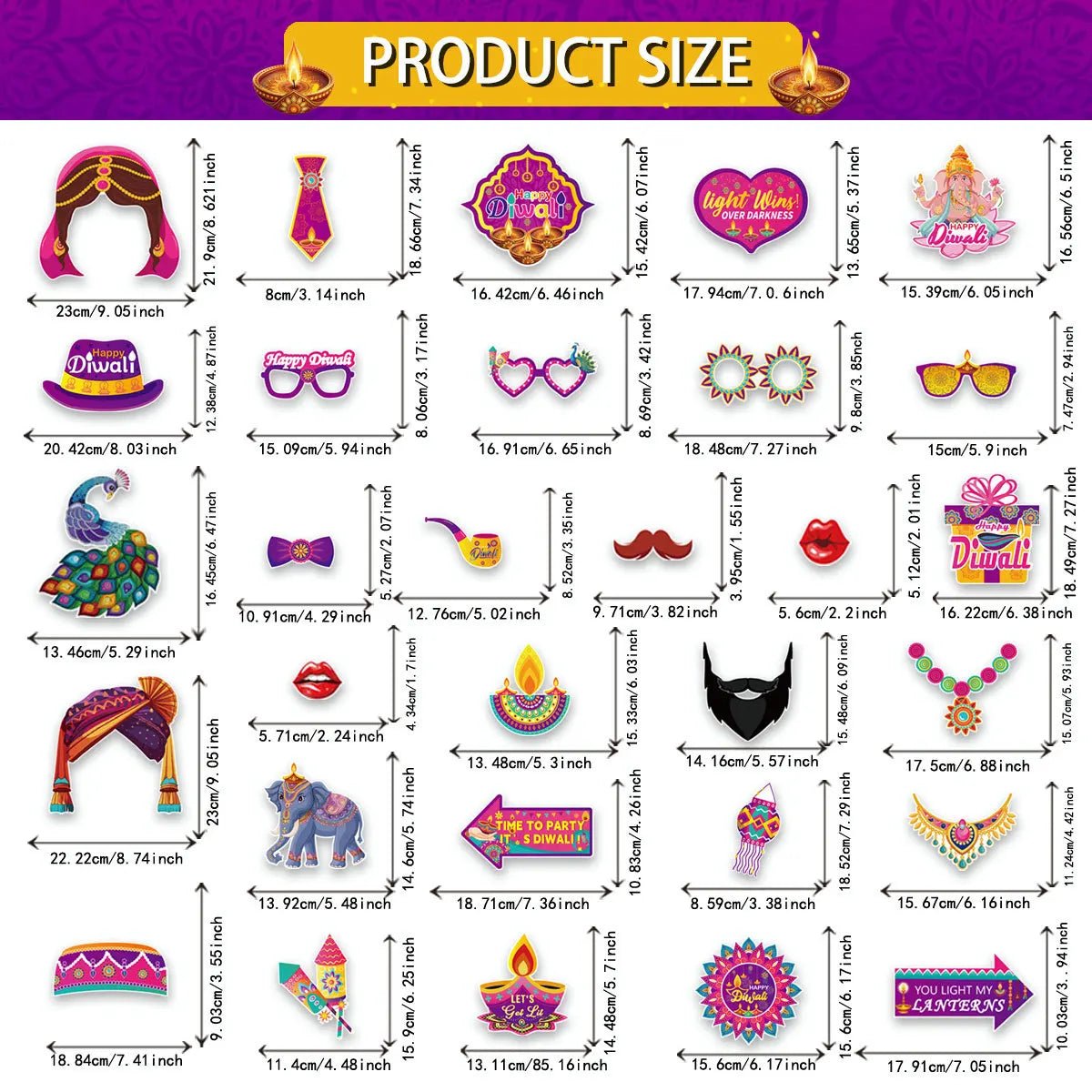 30Pcs/Set Happy Diwali Theme Photo Booth Props Candle Elephant Dress Up Paper Masks for India Diwali Festival Party Decoration - Cozy & Co. Market