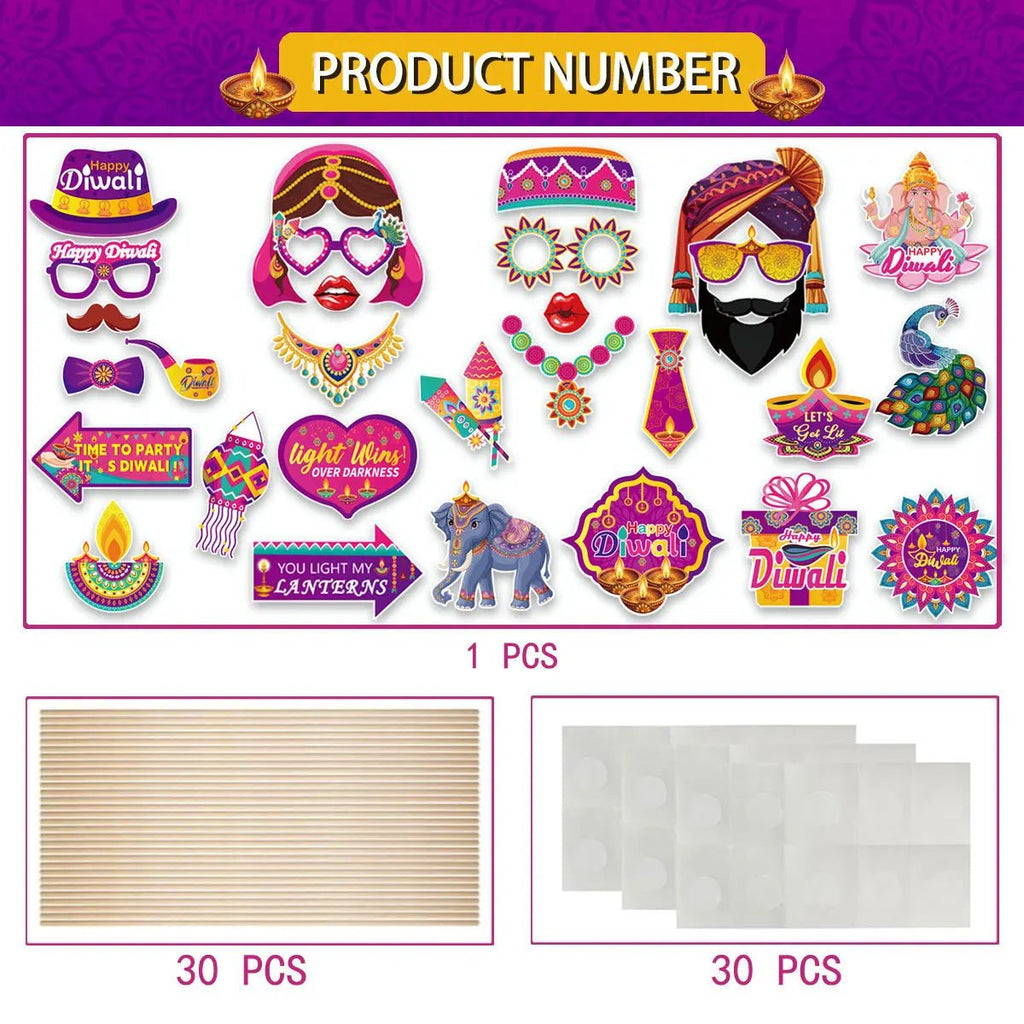 30Pcs/Set Happy Diwali Theme Photo Booth Props Candle Elephant Dress Up Paper Masks for India Diwali Festival Party Decoration - Cozy & Co. Market