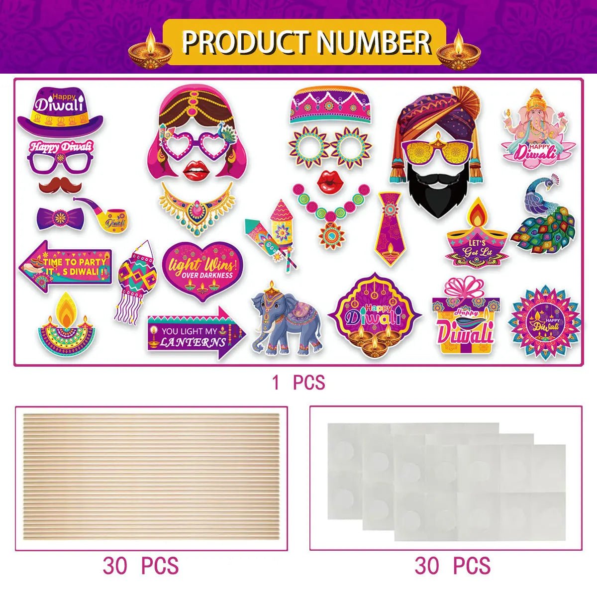 30Pcs/Set Happy Diwali Theme Photo Booth Props Candle Elephant Dress Up Paper Masks for India Diwali Festival Party Decoration - Cozy & Co. Market