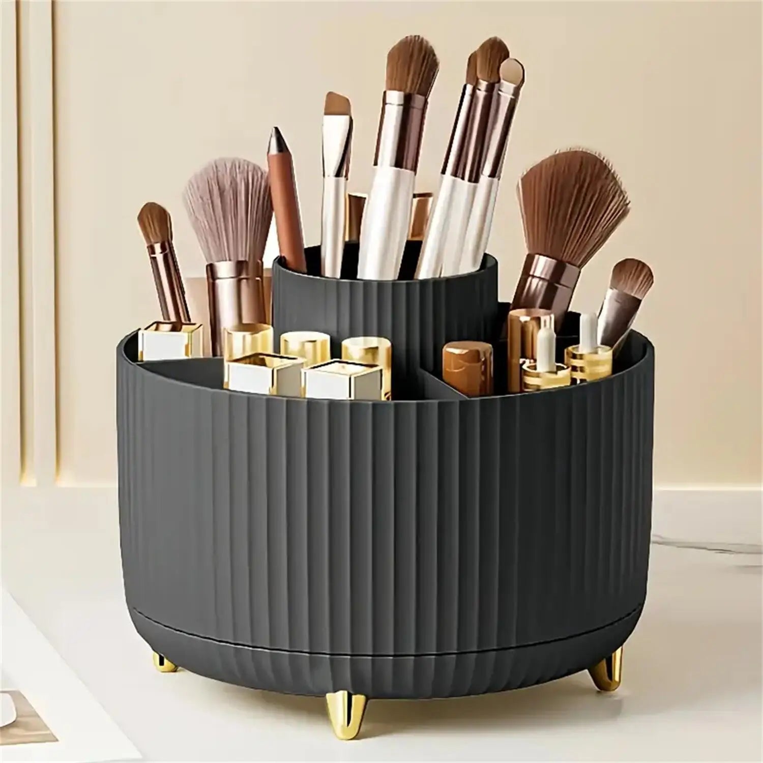 360° Rotating Makeup Organizer - 1pc Plastic Cosmetic Storage with 5 Compartments - Multi-Functional Holder for Brushes - Cozy & Co. Market