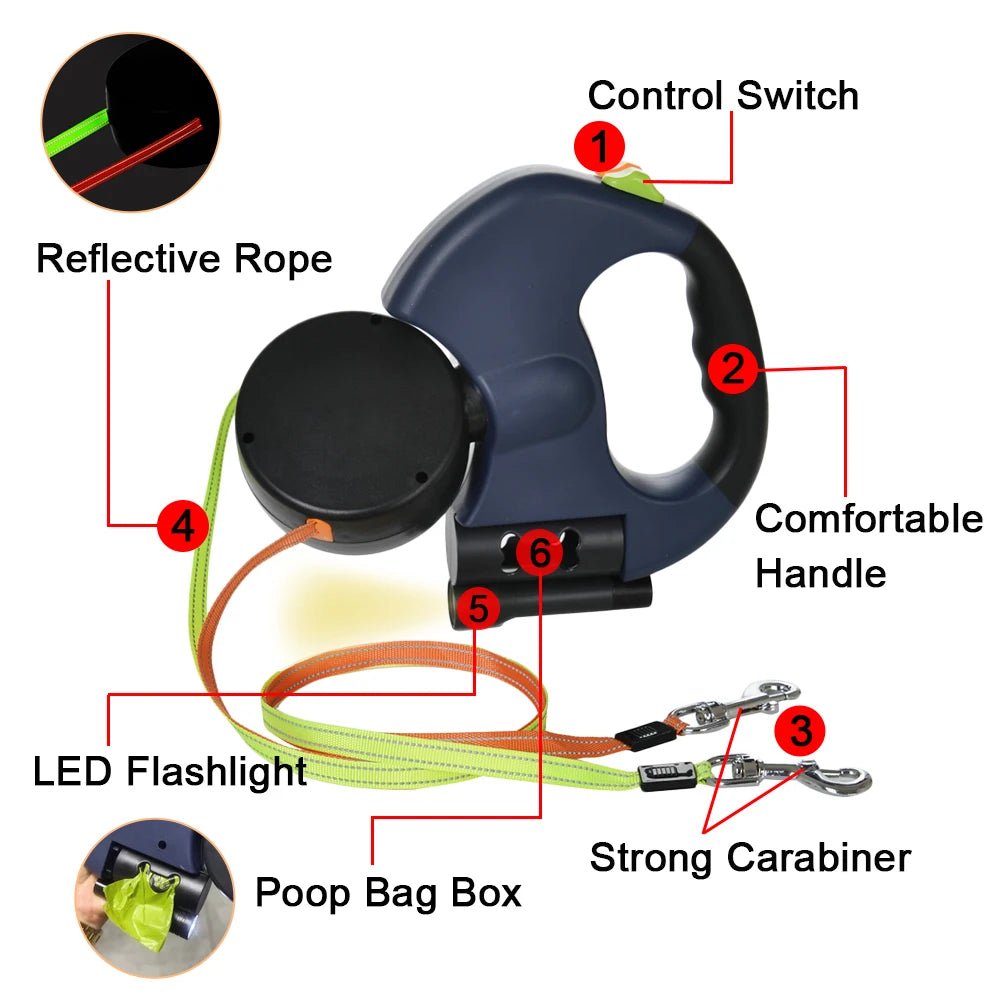3m Retractable Dog Leash For Small Dogs Reflective Dual Pet Leash Lead 360 Swivel No Tangle Double Dog Walking Leash With Lights - Cozy & Co. Market