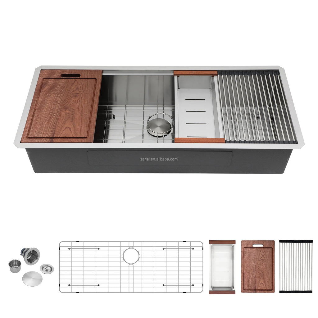 45-inch 16 Gauge Stainless Steel Single Bowl Brushed Finish Handmade Undermount Kitchen Sink with Ledge & Accessories - Cozy & Co. Market