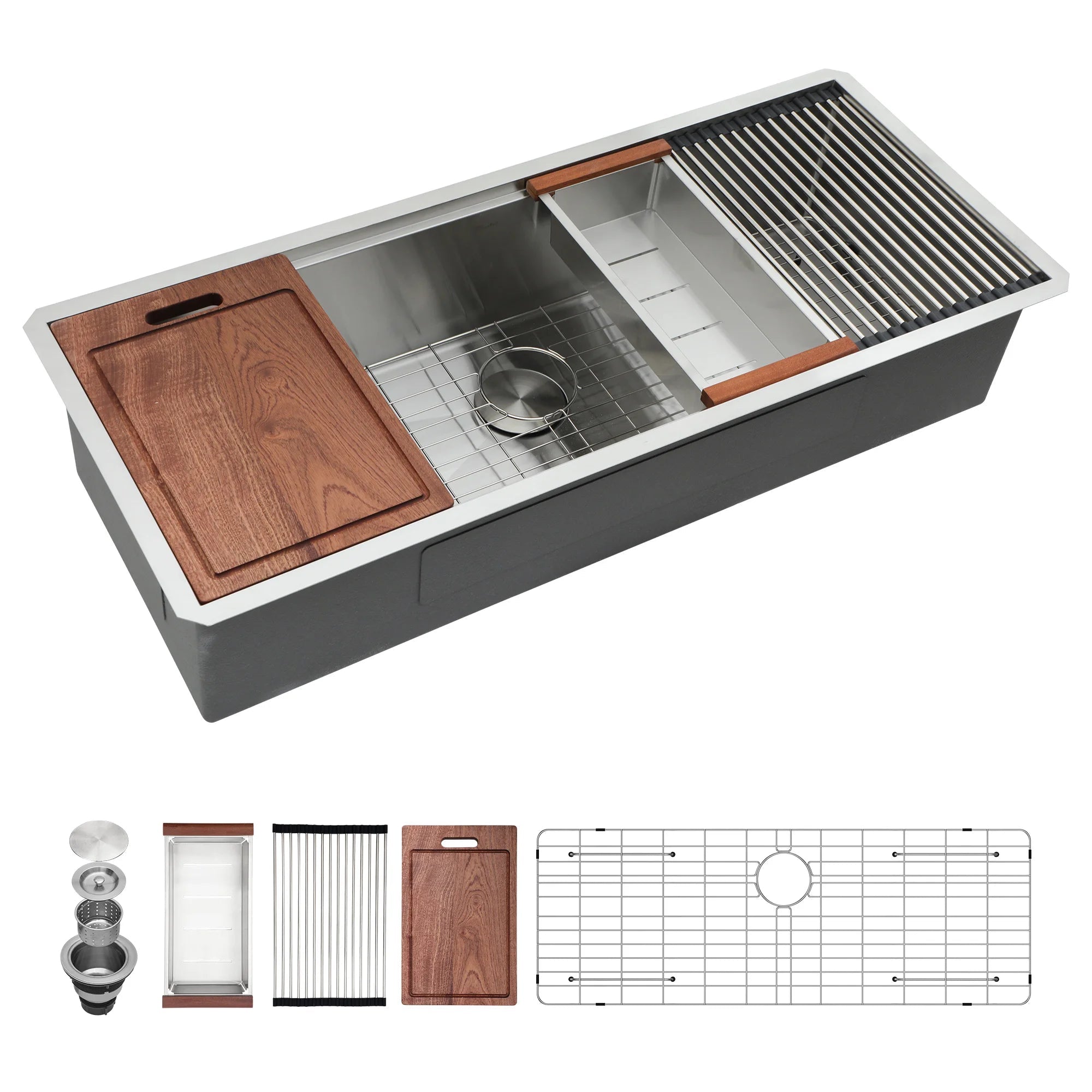 45-inch 16 Gauge Stainless Steel Single Bowl Brushed Finish Handmade Undermount Kitchen Sink with Ledge & Accessories - Cozy & Co. Market