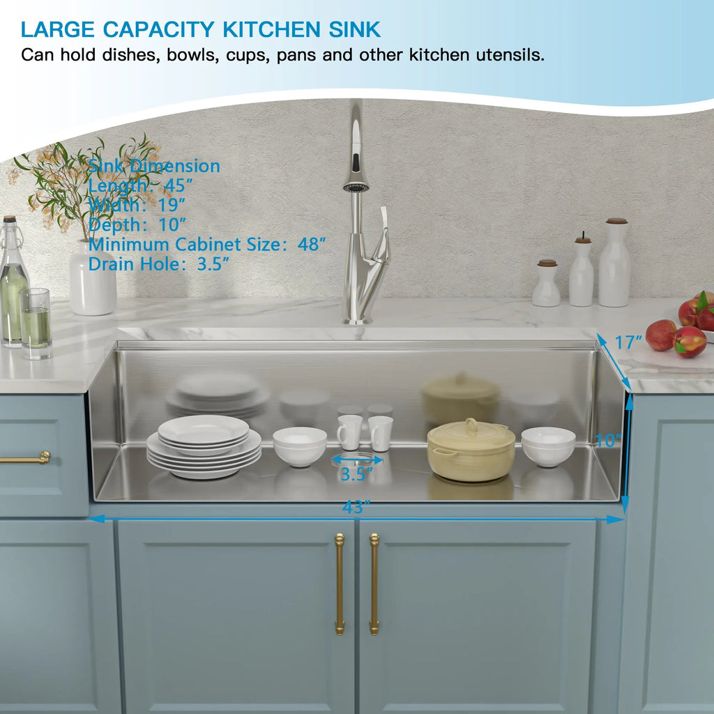 45-inch 16 Gauge Stainless Steel Single Bowl Brushed Finish Handmade Undermount Kitchen Sink with Ledge & Accessories - Cozy & Co. Market