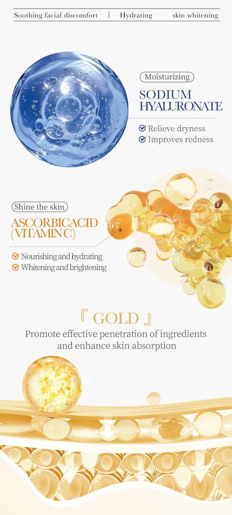 5/10pcs SADOER 24K Gold Vitamin C Hyaluronic Acid Face Mask Facial Moisturizing Firming Hydrating Facial Masks Skin Care - Cozy & Co. Market