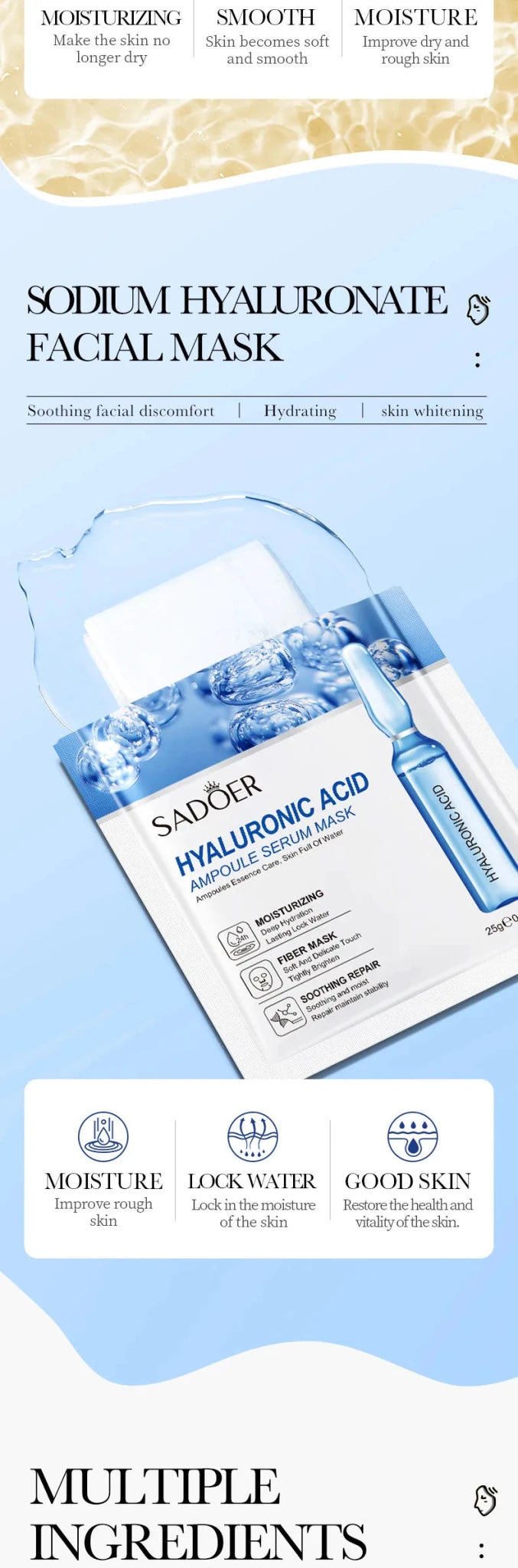 5/10pcs SADOER 24K Gold Vitamin C Hyaluronic Acid Face Mask Facial Moisturizing Firming Hydrating Facial Masks Skin Care - Cozy & Co. Market