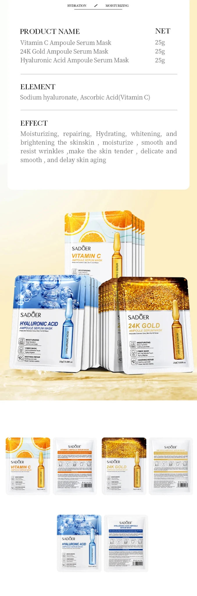 5/10pcs SADOER 24K Gold Vitamin C Hyaluronic Acid Face Mask Facial Moisturizing Firming Hydrating Facial Masks Skin Care - Cozy & Co. Market