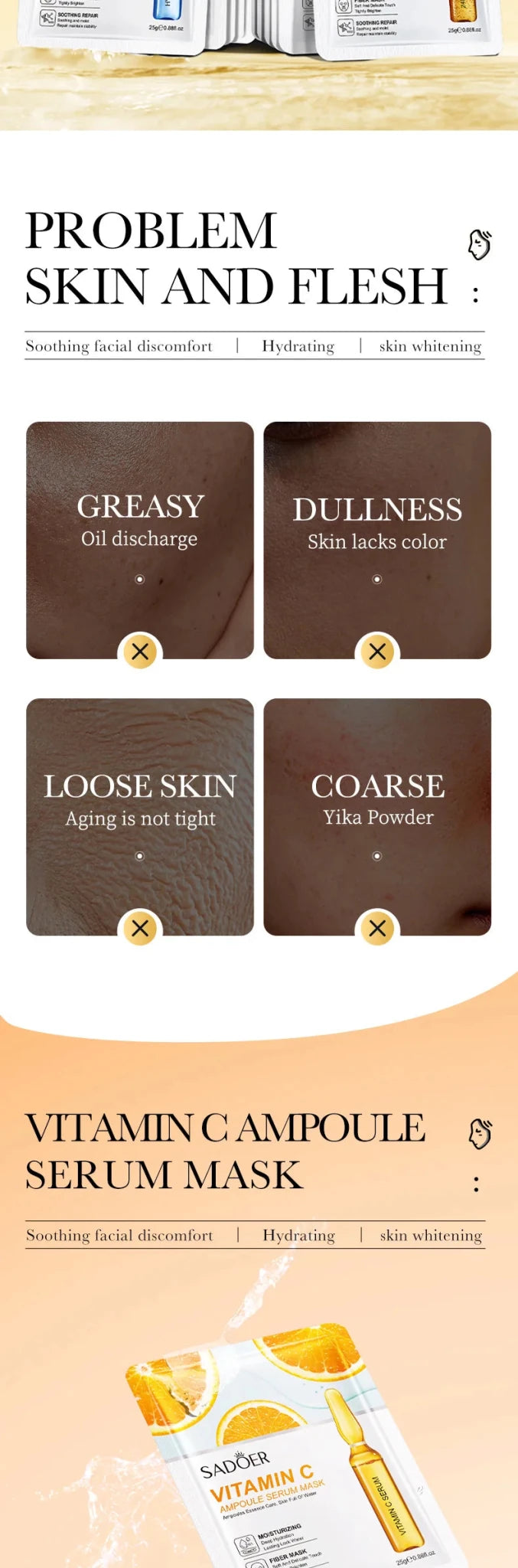 5/10pcs SADOER 24K Gold Vitamin C Hyaluronic Acid Face Mask Facial Moisturizing Firming Hydrating Facial Masks Skin Care - Cozy & Co. Market