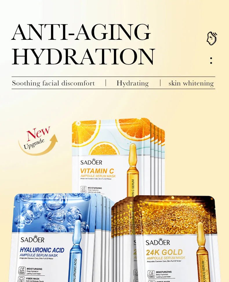 5/10pcs SADOER 24K Gold Vitamin C Hyaluronic Acid Face Mask Facial Moisturizing Firming Hydrating Facial Masks Skin Care - Cozy & Co. Market