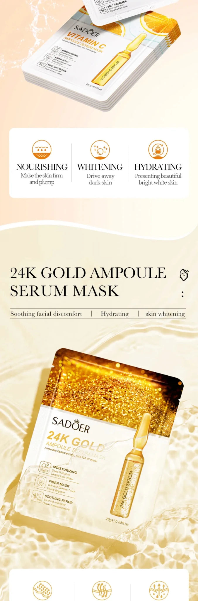 5/10pcs SADOER 24K Gold Vitamin C Hyaluronic Acid Face Mask Facial Moisturizing Firming Hydrating Facial Masks Skin Care - Cozy & Co. Market