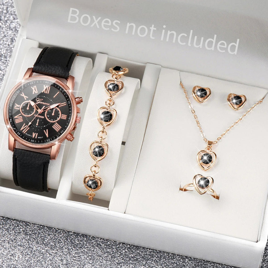 5/6PCS Fashion Women's Quartz Watch Leather Band Analog Wrist Watches Heart Rhinestone Jewelry Set(Without Box) - Cozy & Co. Market
