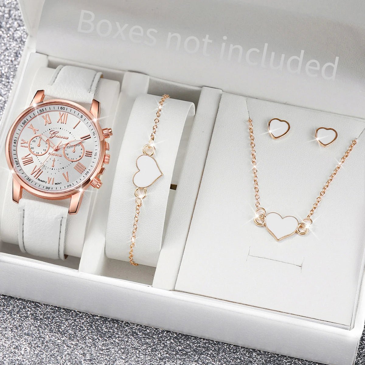 5/6PCS Fashion Women's Quartz Watch Leather Band Analog Wrist Watches Heart Rhinestone Jewelry Set(Without Box) - Cozy & Co. Market