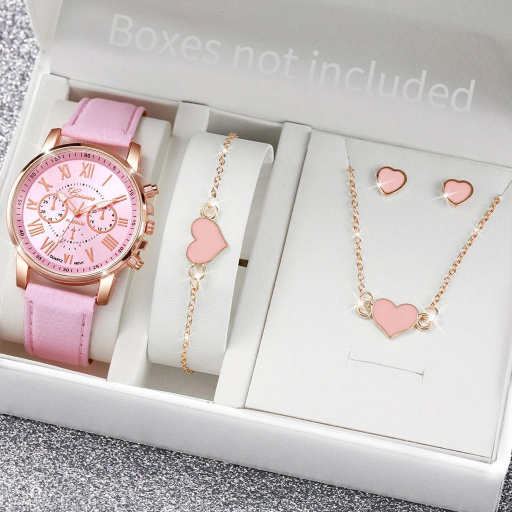 5/6PCS Fashion Women's Quartz Watch Leather Band Analog Wrist Watches Heart Rhinestone Jewelry Set(Without Box) - Cozy & Co. Market