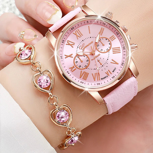 5/6PCS Fashion Women's Quartz Watch Leather Band Analog Wrist Watches Heart Rhinestone Jewelry Set(Without Box) - Cozy & Co. Market