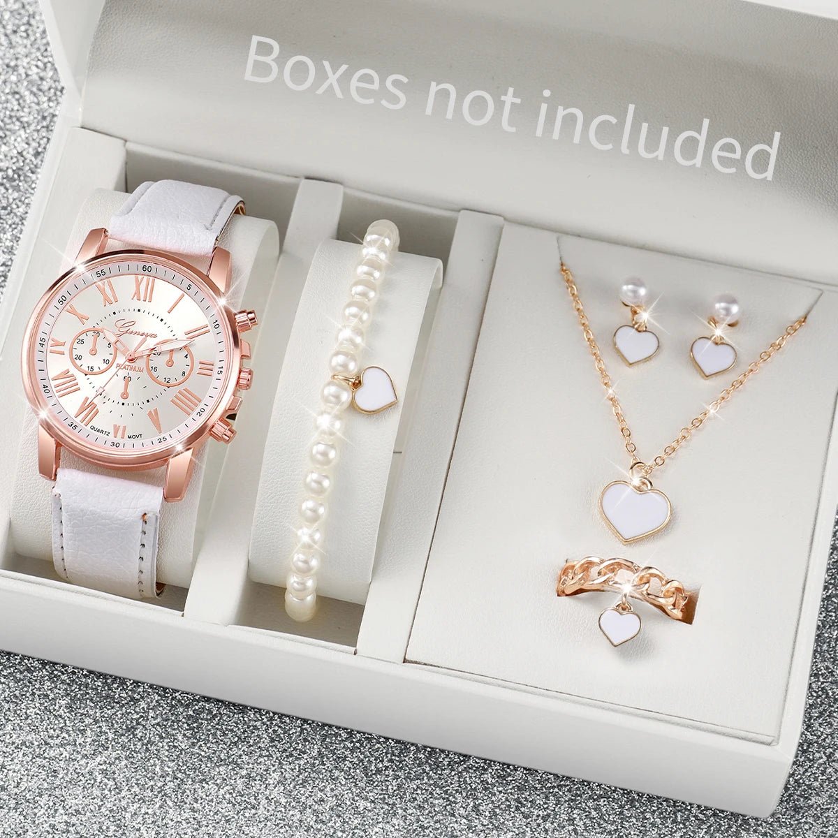 5/6PCS Fashion Women's Quartz Watch Leather Band Analog Wrist Watches Heart Rhinestone Jewelry Set(Without Box) - Cozy & Co. Market