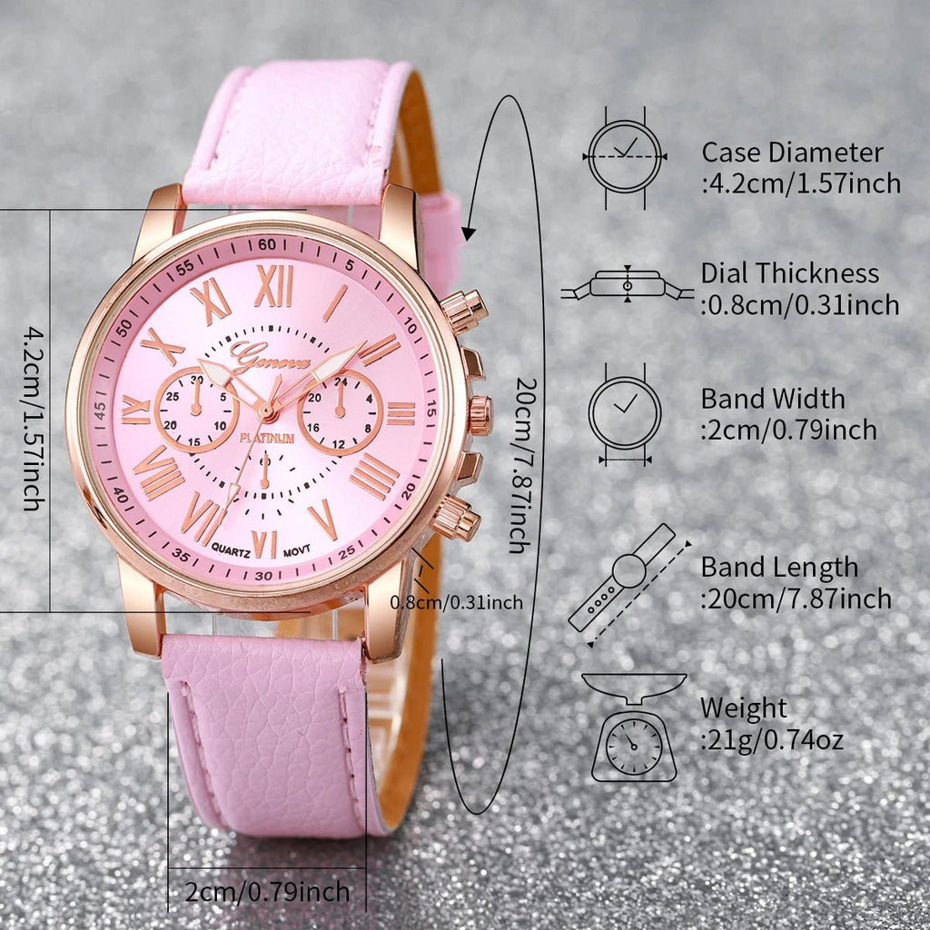 5/6PCS Fashion Women's Quartz Watch Leather Band Analog Wrist Watches Heart Rhinestone Jewelry Set(Without Box) - Cozy & Co. Market