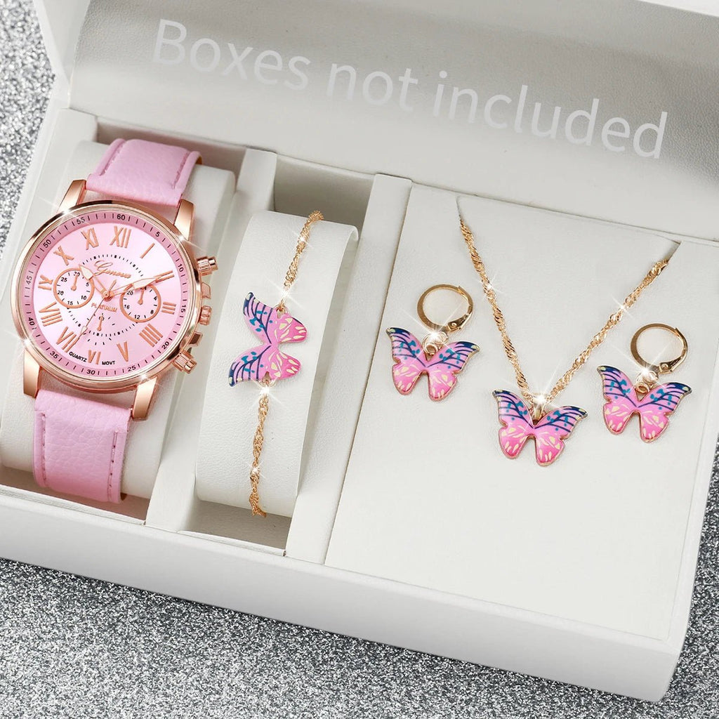 5/6PCS Fashion Women's Quartz Watch Leather Band Analog Wrist Watches Heart Rhinestone Jewelry Set(Without Box) - Cozy & Co. Market