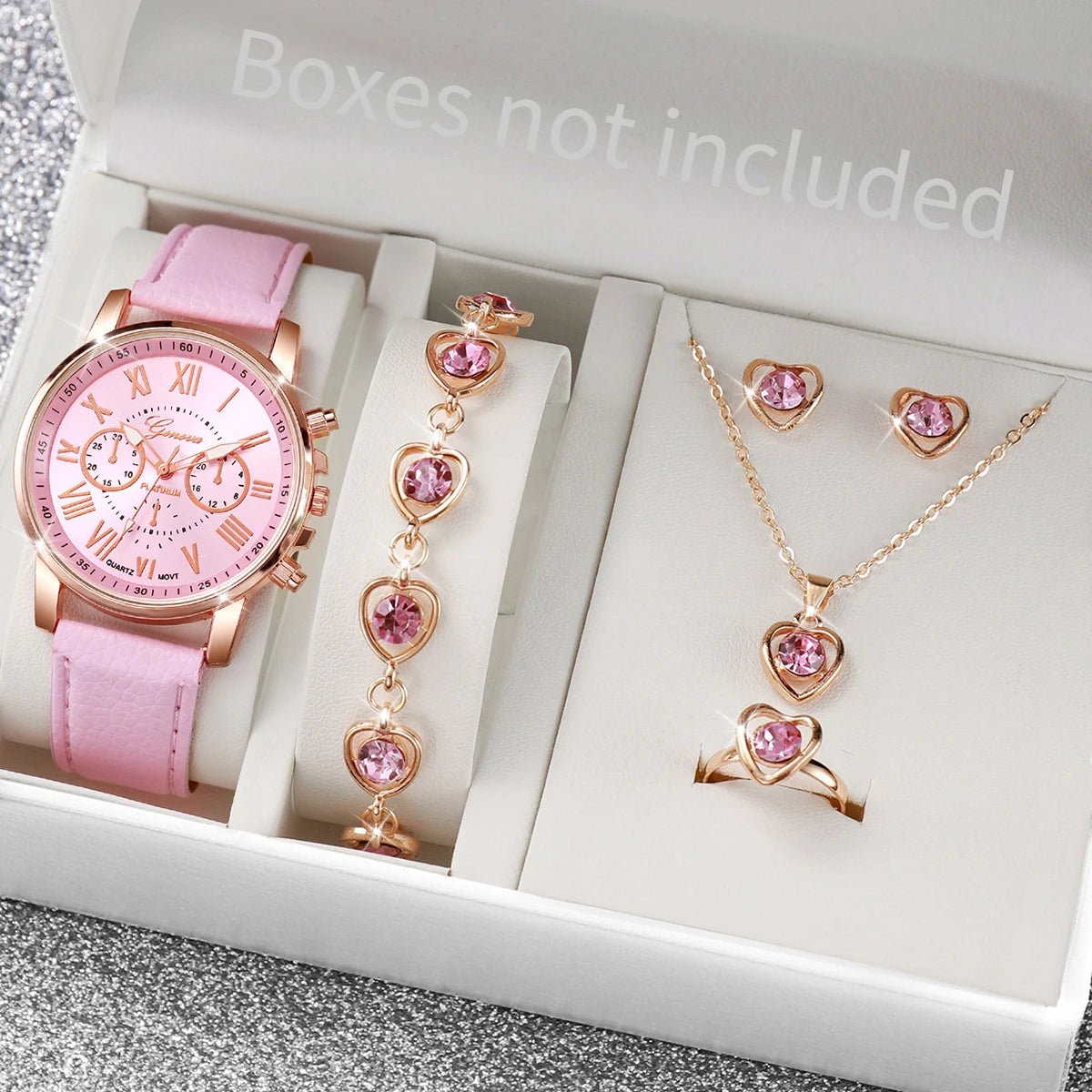 5/6PCS Fashion Women's Quartz Watch Leather Band Analog Wrist Watches Heart Rhinestone Jewelry Set(Without Box) - Cozy & Co. Market