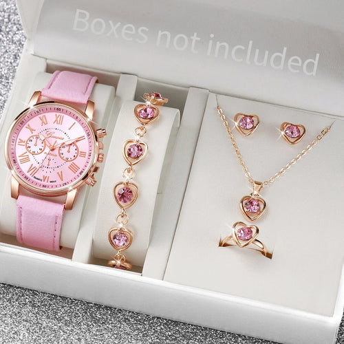 5/6PCS Fashion Women's Quartz Watch Leather Band Analog Wrist Watches Heart Rhinestone Jewelry Set(Without Box) - Cozy & Co. Market
