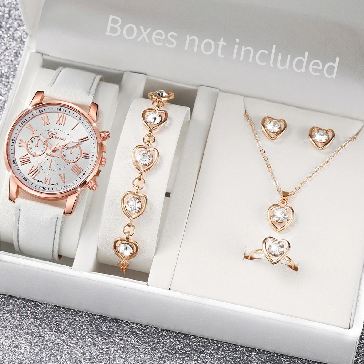 5/6PCS Fashion Women's Quartz Watch Leather Band Analog Wrist Watches Heart Rhinestone Jewelry Set(Without Box) - Cozy & Co. Market