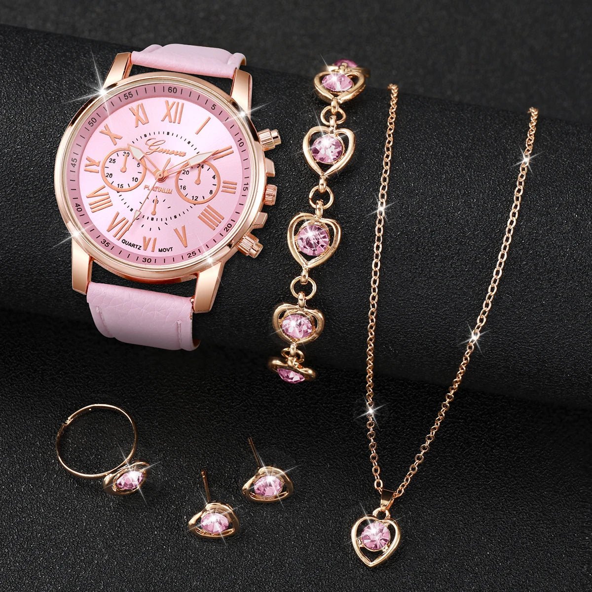 5/6PCS Fashion Women's Quartz Watch Leather Band Analog Wrist Watches Heart Rhinestone Jewelry Set(Without Box) - Cozy & Co. Market