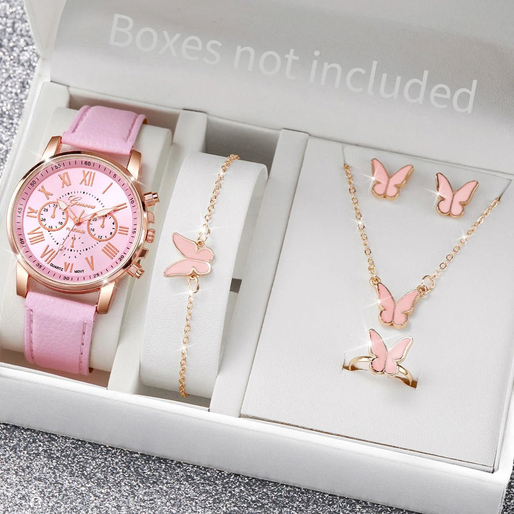 5/6PCS Fashion Women's Quartz Watch Leather Band Analog Wrist Watches Heart Rhinestone Jewelry Set(Without Box) - Cozy & Co. Market