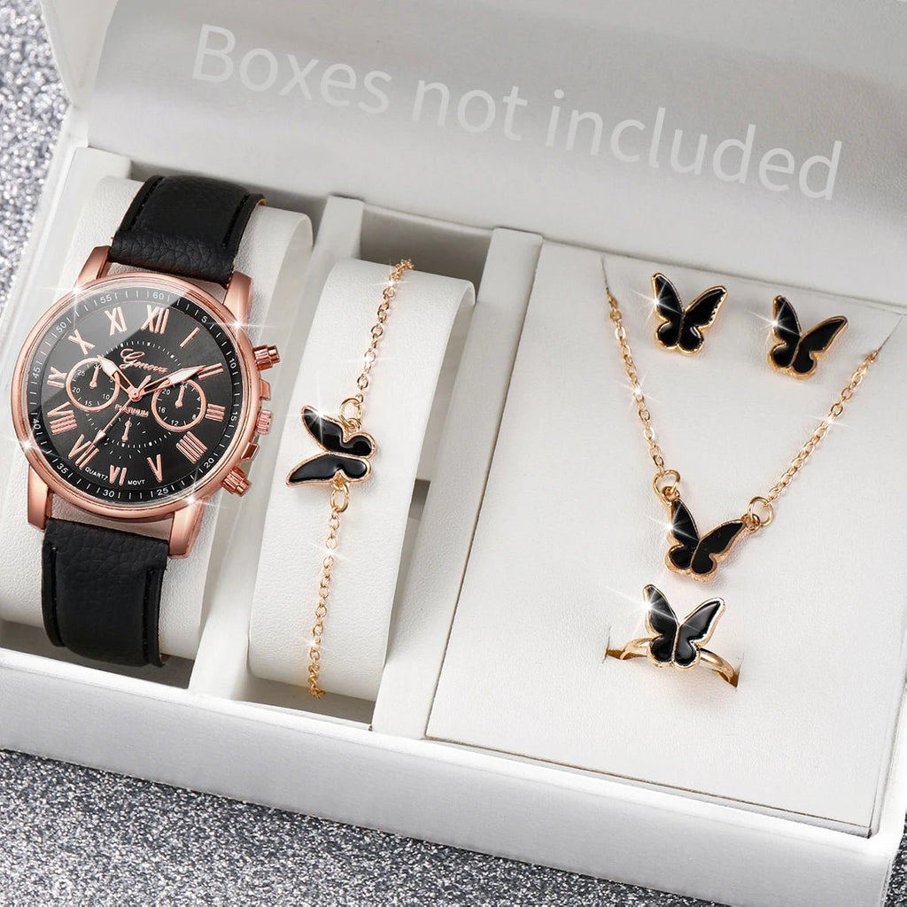 5/6PCS Fashion Women's Quartz Watch Leather Band Analog Wrist Watches Heart Rhinestone Jewelry Set(Without Box) - Cozy & Co. Market