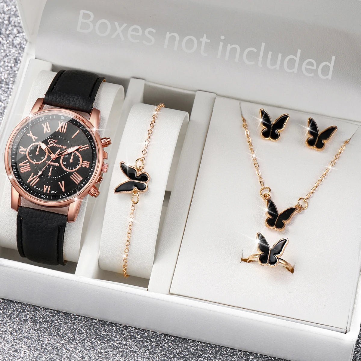 5/6PCS Fashion Women's Quartz Watch Leather Band Analog Wrist Watches Heart Rhinestone Jewelry Set(Without Box) - Cozy & Co. Market