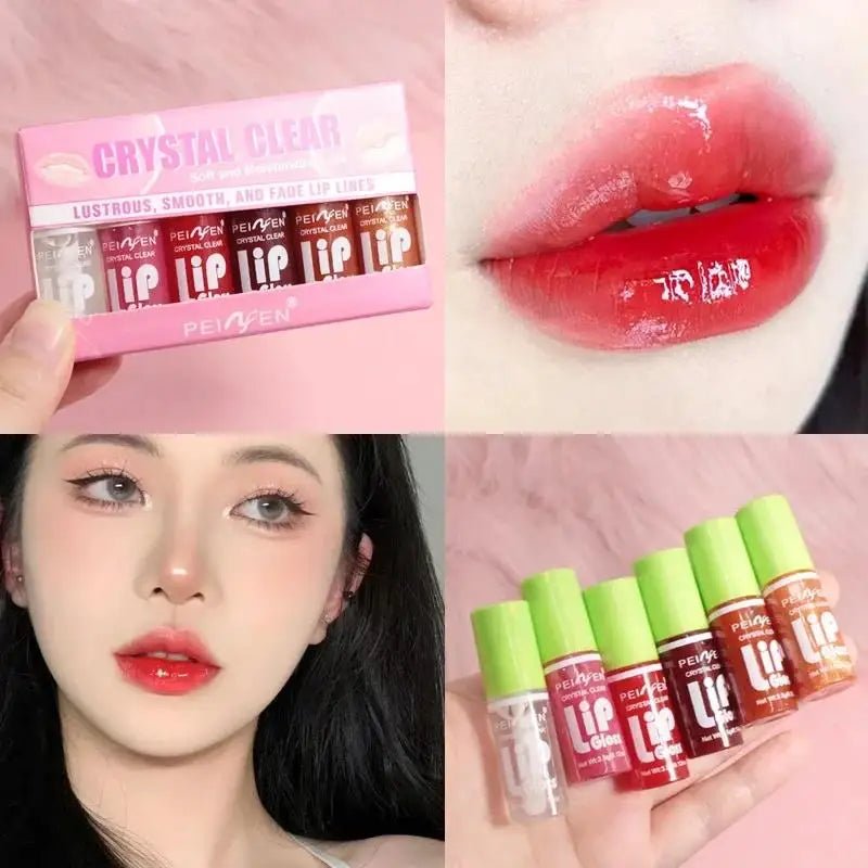 6 Pieces Glass Mirror Lip Gloss Set Hydrating Lightweight Lip Balm Glossy Shimmer Sheer Tint Peach Cherry Pink - Cozy & Co. Market