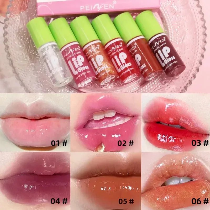 6 Pieces Glass Mirror Lip Gloss Set Hydrating Lightweight Lip Balm Glossy Shimmer Sheer Tint Peach Cherry Pink - Cozy & Co. Market