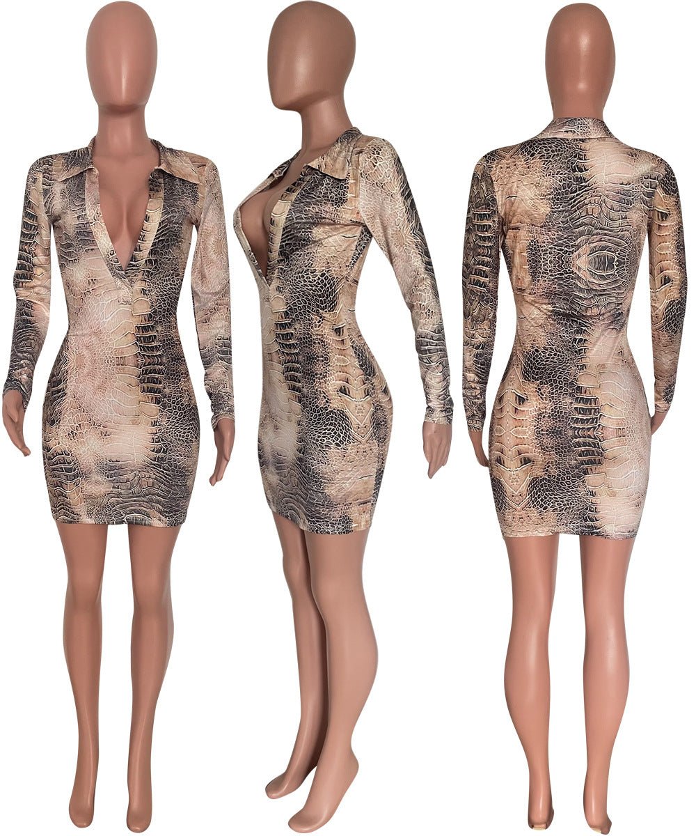6522 Cross-border Fashion Sexy V-neck Spice Girls Women's Long Sleeve dress Autumn and Winter New Elegant Hip Dress Leopard Print - Cozy & Co. Market