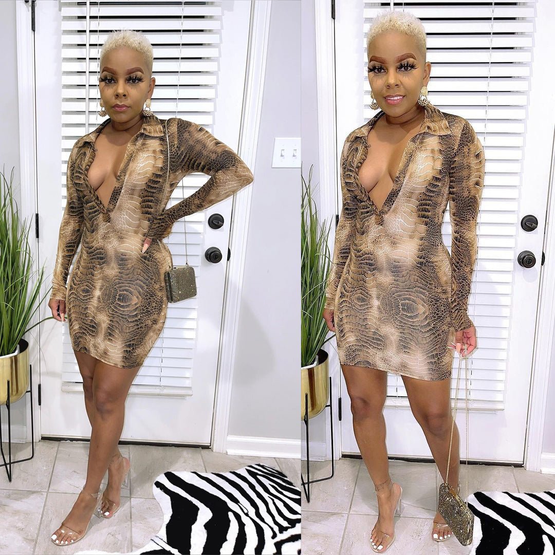 6522 Cross-border Fashion Sexy V-neck Spice Girls Women's Long Sleeve dress Autumn and Winter New Elegant Hip Dress Leopard Print - Cozy & Co. Market