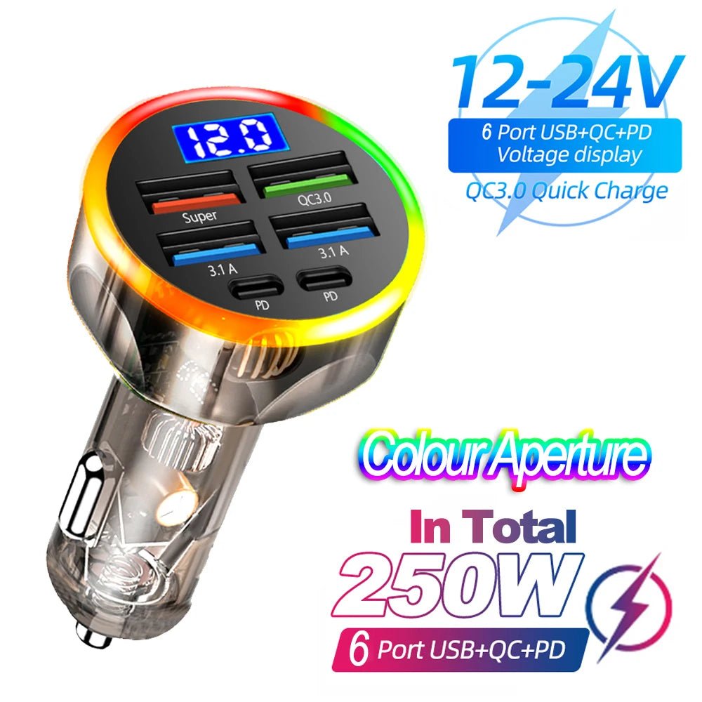 66-250W PD Car Charger QC3.0 Fast Charge One to Six Car Cigarette Lighter Plug Car Charger Flash Charge with Digital Display - Cozy & Co. Market