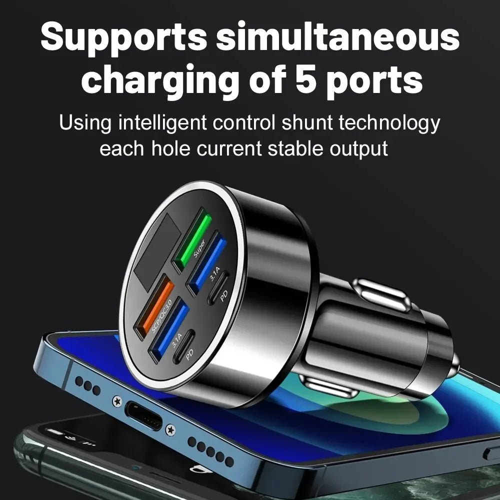 66-250W PD Car Charger QC3.0 Fast Charge One to Six Car Cigarette Lighter Plug Car Charger Flash Charge with Digital Display - Cozy & Co. Market