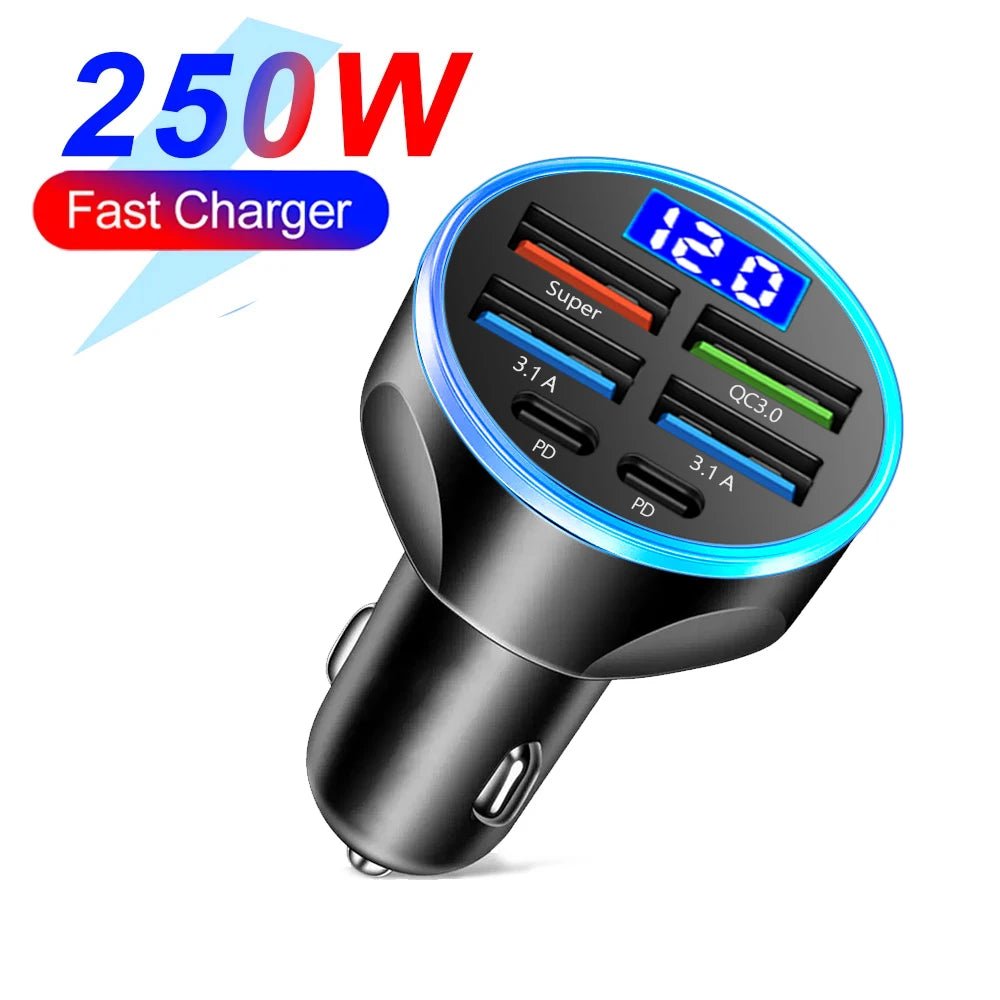 66-250W PD Car Charger QC3.0 Fast Charge One to Six Car Cigarette Lighter Plug Car Charger Flash Charge with Digital Display - Cozy & Co. Market