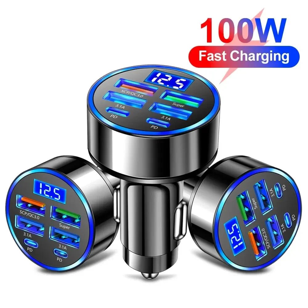 66-250W PD Car Charger QC3.0 Fast Charge One to Six Car Cigarette Lighter Plug Car Charger Flash Charge with Digital Display - Cozy & Co. Market