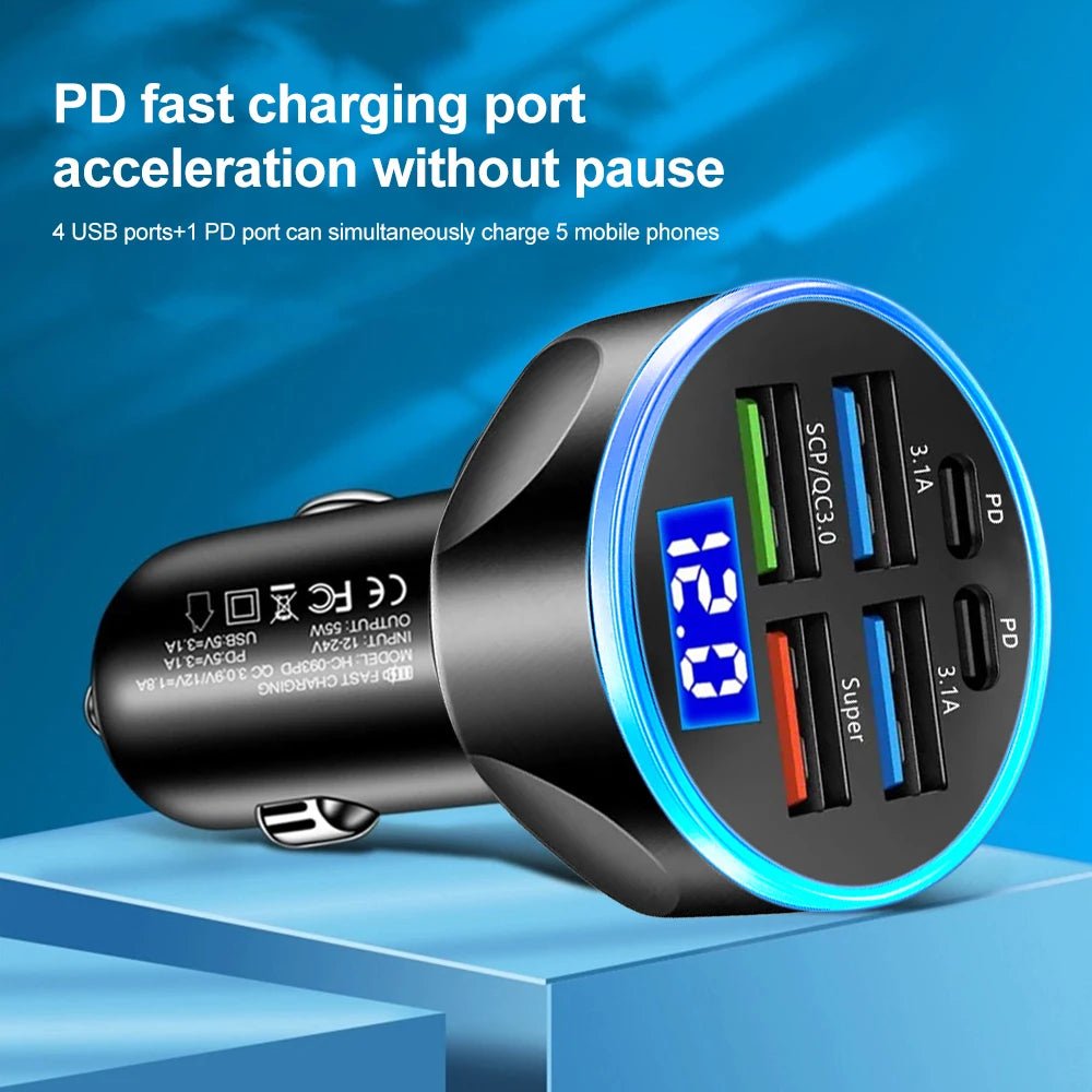 66-250W PD Car Charger QC3.0 Fast Charge One to Six Car Cigarette Lighter Plug Car Charger Flash Charge with Digital Display - Cozy & Co. Market