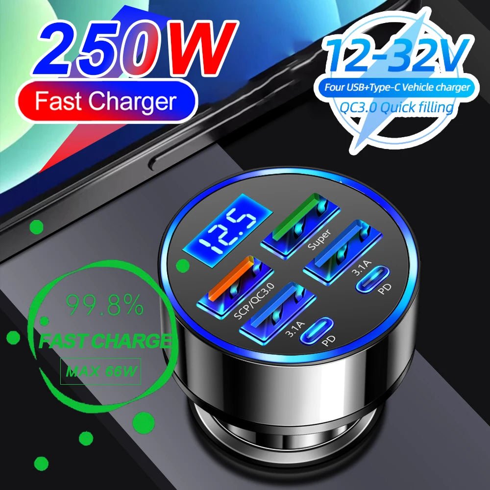 66-250W PD Car Charger QC3.0 Fast Charge One to Six Car Cigarette Lighter Plug Car Charger Flash Charge with Digital Display - Cozy & Co. Market