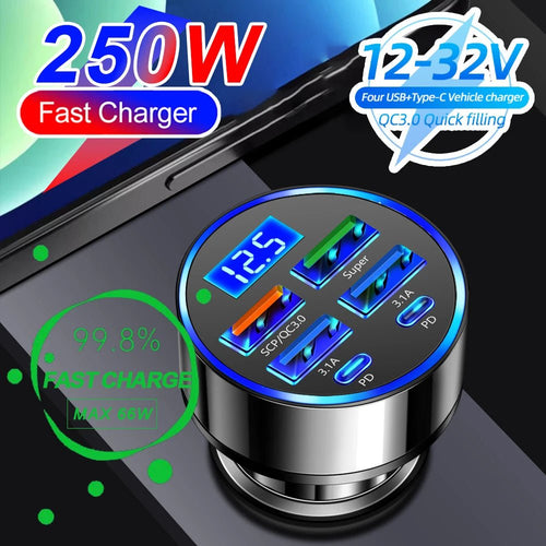 66-250W PD Car Charger QC3.0 Fast Charge One to Six Car Cigarette Lighter Plug Car Charger Flash Charge with Digital Display - Cozy & Co. Market
