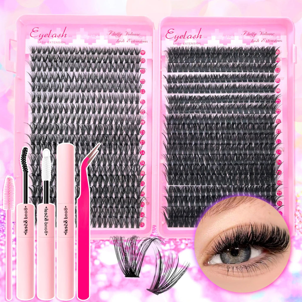 720/200pcs eyelash Extension Kit Fluffy Eyelash Extension kit with Lash Bond and Seal Lash Tweezers Thick Lash Clusters Wispy - Cozy & Co. Market