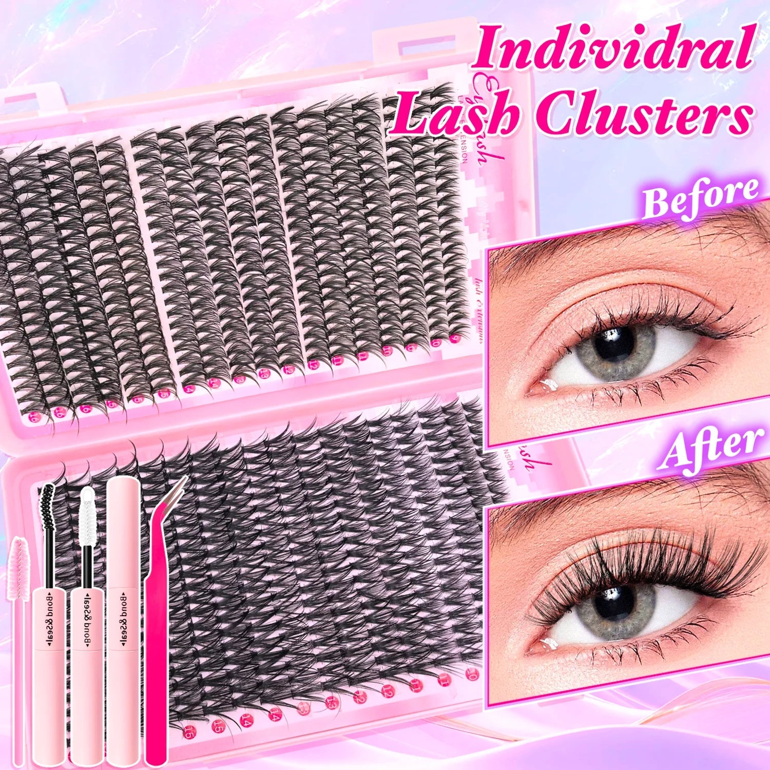 720/200pcs eyelash Extension Kit Fluffy Eyelash Extension kit with Lash Bond and Seal Lash Tweezers Thick Lash Clusters Wispy - Cozy & Co. Market