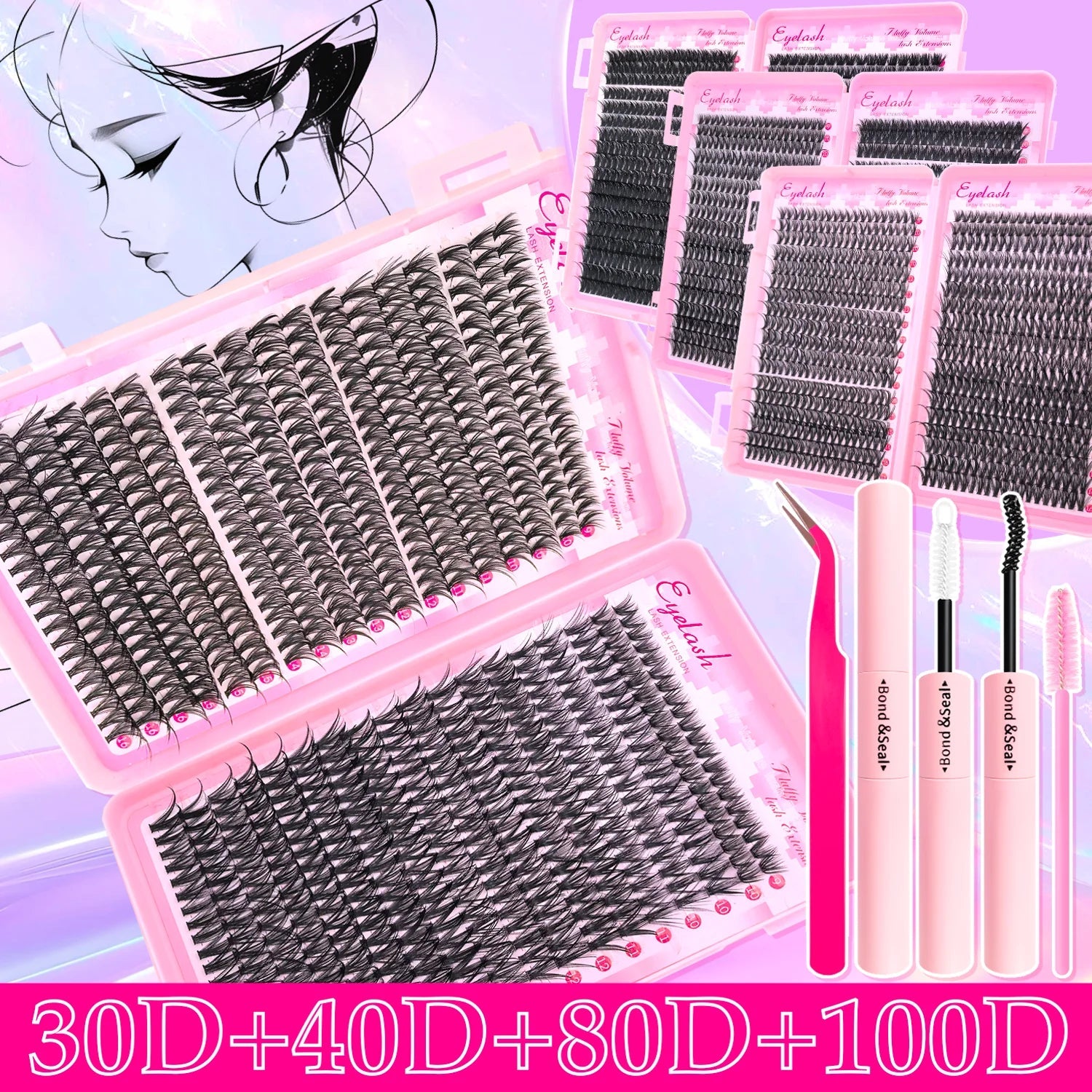 720/200pcs eyelash Extension Kit Fluffy Eyelash Extension kit with Lash Bond and Seal Lash Tweezers Thick Lash Clusters Wispy - Cozy & Co. Market