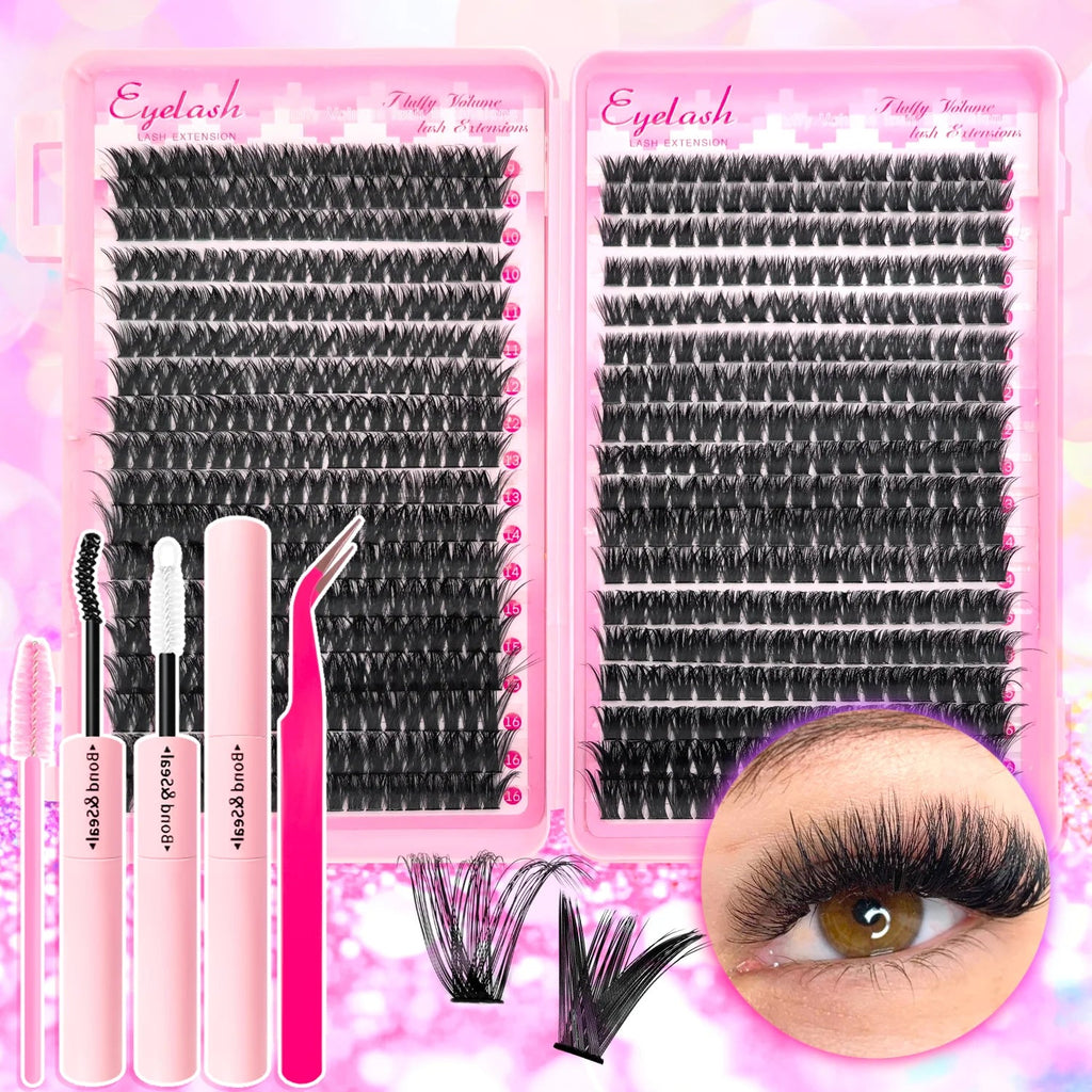 720/200pcs eyelash Extension Kit Fluffy Eyelash Extension kit with Lash Bond and Seal Lash Tweezers Thick Lash Clusters Wispy - Cozy & Co. Market