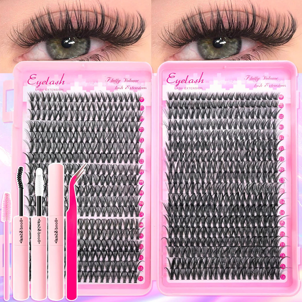 720/200pcs eyelash Extension Kit Fluffy Eyelash Extension kit with Lash Bond and Seal Lash Tweezers Thick Lash Clusters Wispy - Cozy & Co. Market