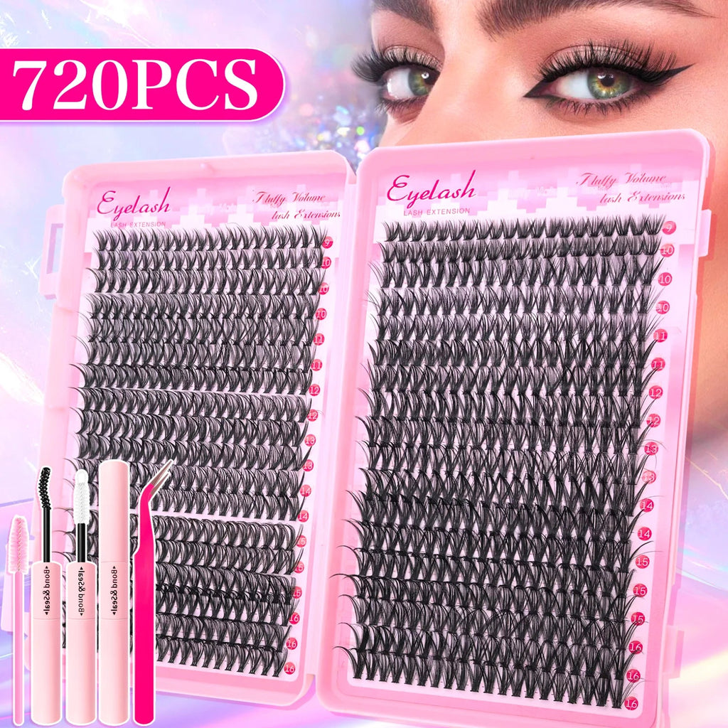 720/200pcs eyelash Extension Kit Fluffy Eyelash Extension kit with Lash Bond and Seal Lash Tweezers Thick Lash Clusters Wispy - Cozy & Co. Market
