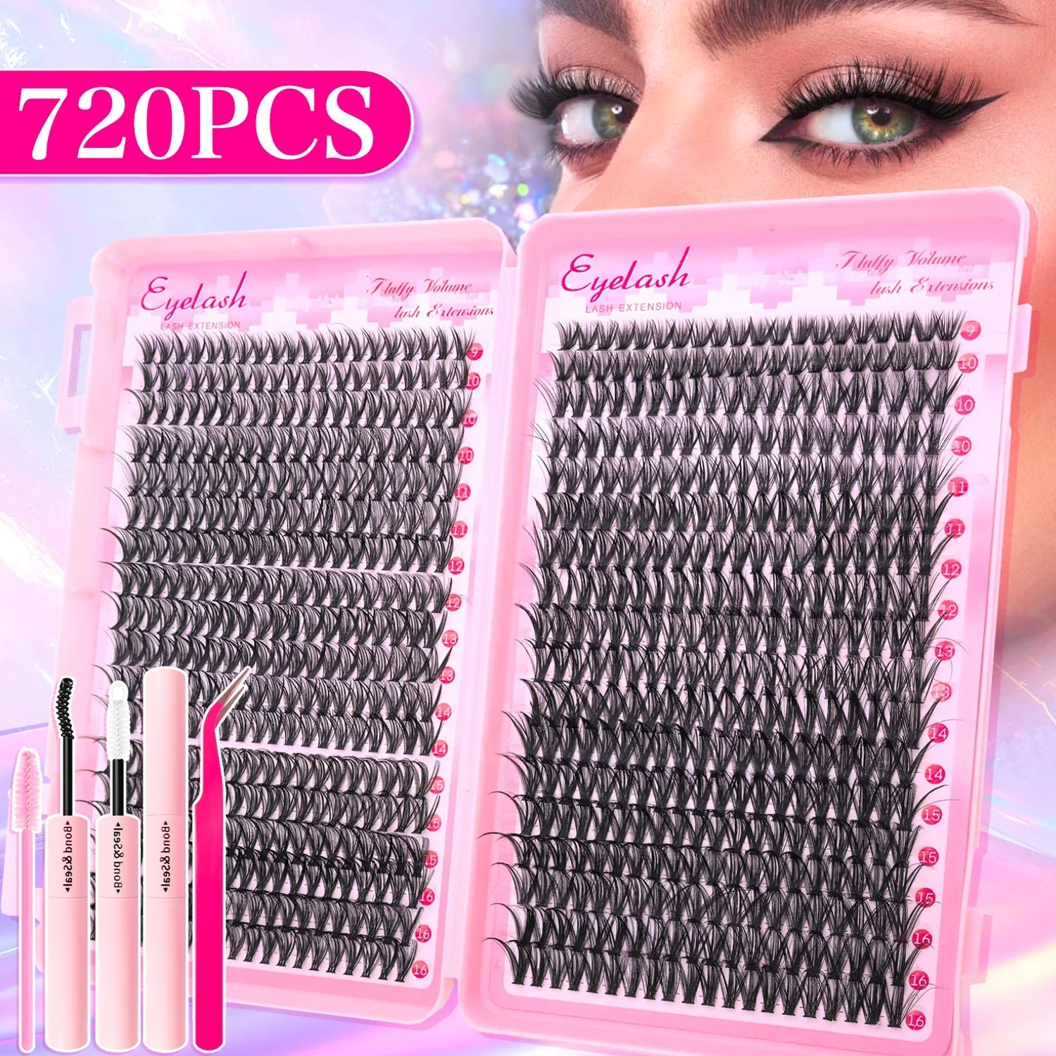 720/200pcs eyelash Extension Kit Fluffy Eyelash Extension kit with Lash Bond and Seal Lash Tweezers Thick Lash Clusters Wispy - Cozy & Co. Market