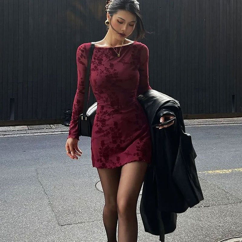 AC668 European and American Cross-border Explosions 2024 Early Spring Sexy Hot Girl Mesh Floral Crewneck Long Sleeve dress Women - Cozy & Co. Market