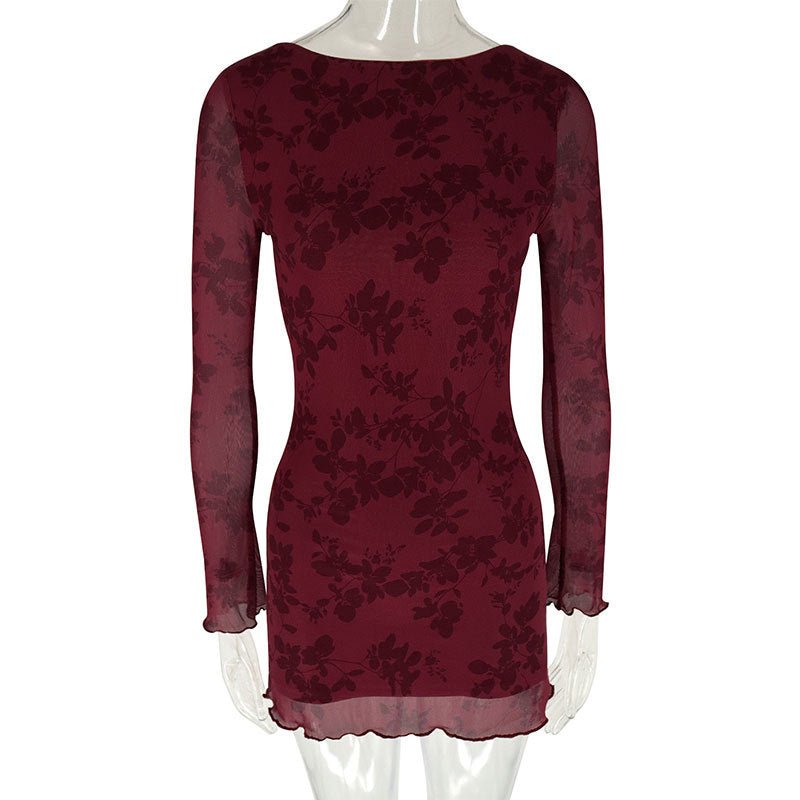 AC668 European and American Cross-border Explosions 2024 Early Spring Sexy Hot Girl Mesh Floral Crewneck Long Sleeve dress Women - Cozy & Co. Market